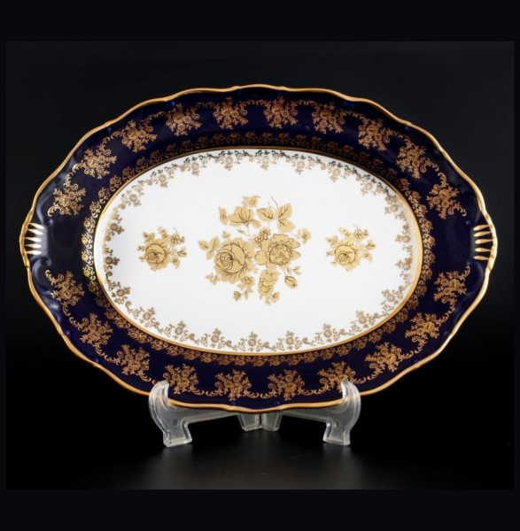 Блюдо 36 см овальное  Bohemia Porcelan Moritz Zdekauer 1810 s.r.o. &quot;Офелия /Золотые розы /Кобальт&quot; / 059155
