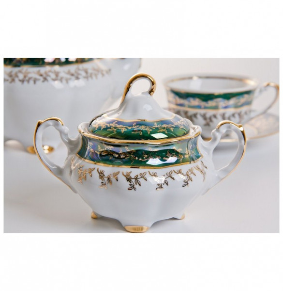 Чайный сервиз на 6 персон 15 предметов  Cmielow &quot;Мария /Зелёная с золотыми листиками&quot; (220 мл) / 038626