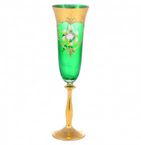 Бокалы для шампанского 185 мл 6 шт  Bohemia "Лепка зелёная" J-M золотая ножка / 143464