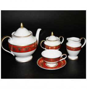 Чайный сервиз на 6 персон 15 предметов  Bavarian Porcelain "Александрия /Золотой узор на красном" / 070350