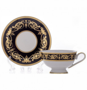 Набор чайных пар 200 мл 6 шт  Bavarian Porcelain "Александрия /Золотой узор на чёрном" / 070320