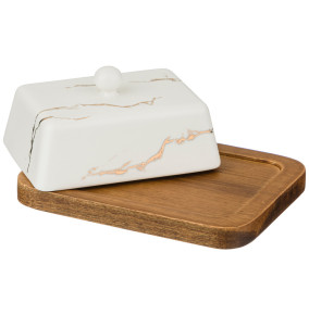 Маслёнка на деревянной подставке  LEFARD "Золотой мрамор /Белая" / 252019
