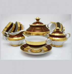 Чайный сервиз на 6 персон 15 предметов  Bohemia Porcelan Moritz Zdekauer 1810 s.r.o. "Магнолия /Красная с золотой лентой" / 010938