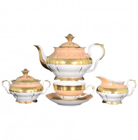Чайный сервиз на 6 персон 15 предметов  Bohemia Porcelan Moritz Zdekauer 1810 s.r.o. "Магнолия /Бежевая с золотой лентой" / 021369