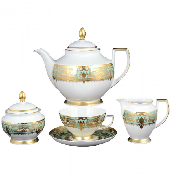 Чайный сервиз на 6 персон 15 предметов  Falkenporzellan &quot;Донна /Зелёная в золотой роскоши&quot; / 100002