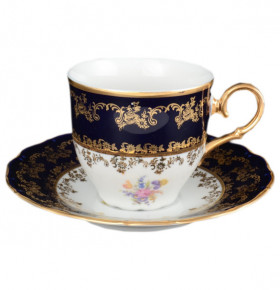 Набор чайных пар 220 мл 6 шт высокие  Bohemia Porcelan Moritz Zdekauer 1810 s.r.o. "Офелия /Кобальт /Полевой цветок" / 012797