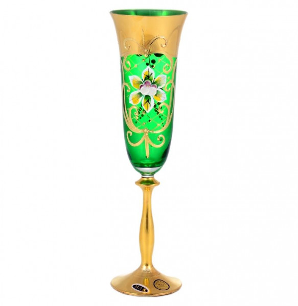 Бокалы для шампанского 190 мл 6 шт  Star Crystal &quot;Анжела /Лепка зелёная&quot; SC золотая ножка / 143584