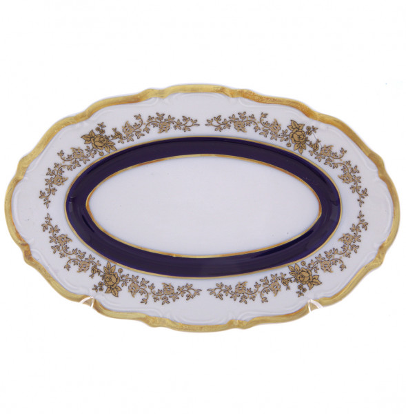 Блюдо 22 см овальное (селедочница)  Bavarian Porcelain &quot;Офелия /Золотые розочки /Лента кобальт&quot; / 269516
