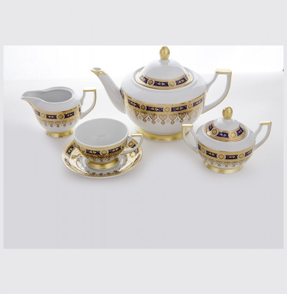 Чайный сервиз на 6 персон 15 предметов  Bohemia Porcelan Moritz Zdekauer 1810 s.r.o. &quot;Аннетта /Синяя /Золотой орнамент&quot; / 088906