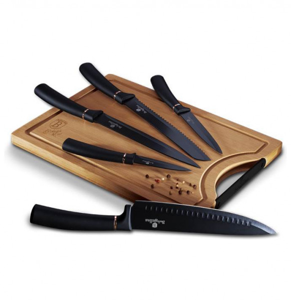 Набор кухонных ножей 6 предметов с разделочной доской  Berlinger Haus &quot;Black Rose Collection&quot; / 280751