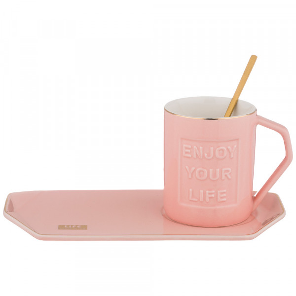 Чайная пара 250 мл с ложкой 3 предмета розовая  LEFARD &quot;Break time /Enjoy your life&quot; / 206381