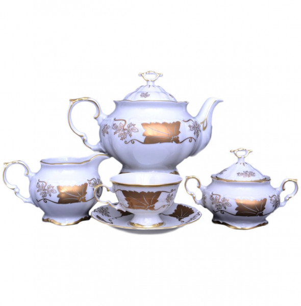 Чайный сервиз на 6 персон 15 предметов  МаМ декор &quot;Мария-Луиза /Золотой лист на белом&quot; / 054701