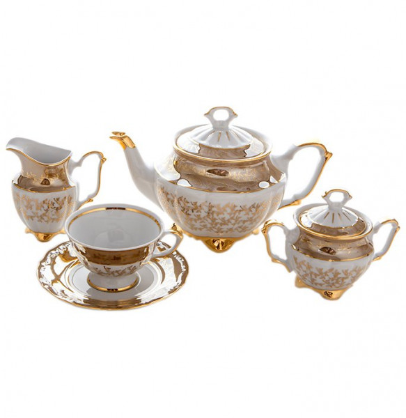 Чайный сервиз на 6 персон 15 предметов  Bavarian Porcelain &quot;Мария-Тереза /Бежевая /Золотые листики&quot; / 085291