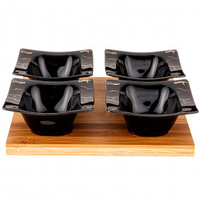 Набор салатников 11,5 см 4 шт на деревянной подставке  LEFARD "Fantasy /Чёрное" / 236774