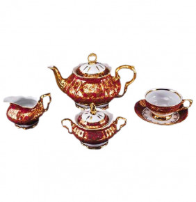 Чайный сервиз на 6 персон 15 предметов  Bohemia Porcelan Moritz Zdekauer 1810 s.r.o. "Магнолия /Красная с золотыми листиками" / 053048