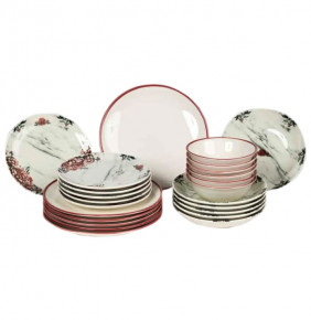 Набор тарелок 24 предмета на 6 персон белый с бордовым бортиком  O.M.S. Collection "TULU /Пионы" комбинированный / 296109