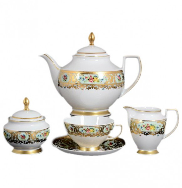 Чайный сервиз на 6 персон 15 предметов  Falkenporzellan &quot;Вена /Розочки на голубом /с золотом&quot; / 119289