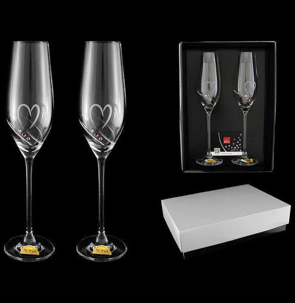 Бокалы для шампанского 210 мл 2 шт  Rona &quot;Сердце с кристаллами &quot; (розовый + прозрачный) алмазн. грань / 124814