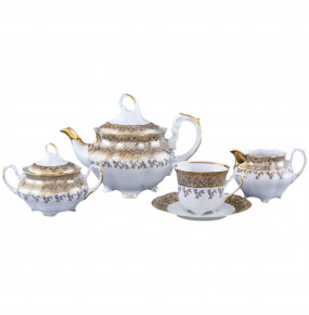 Чайный сервиз на 6 персон 15 предметов  Royal Czech Porcelain "Болеро /Бежевый/Золотые листики" (без чайника +1 чашка) / 204933