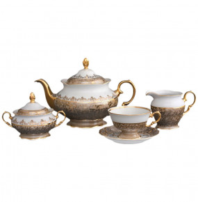 Чайный сервиз на 6 персон 15 предметов  Royal Czech Porcelain "Аляска /Бежевая /Золотые листики" / 203849
