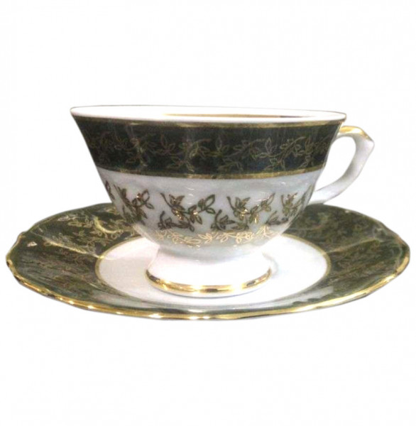 Набор чайных пар 200 мл 6 шт  Bavarian Porcelain &quot;Мария-Тереза /Зелёная /Золотые листики&quot; / 080146